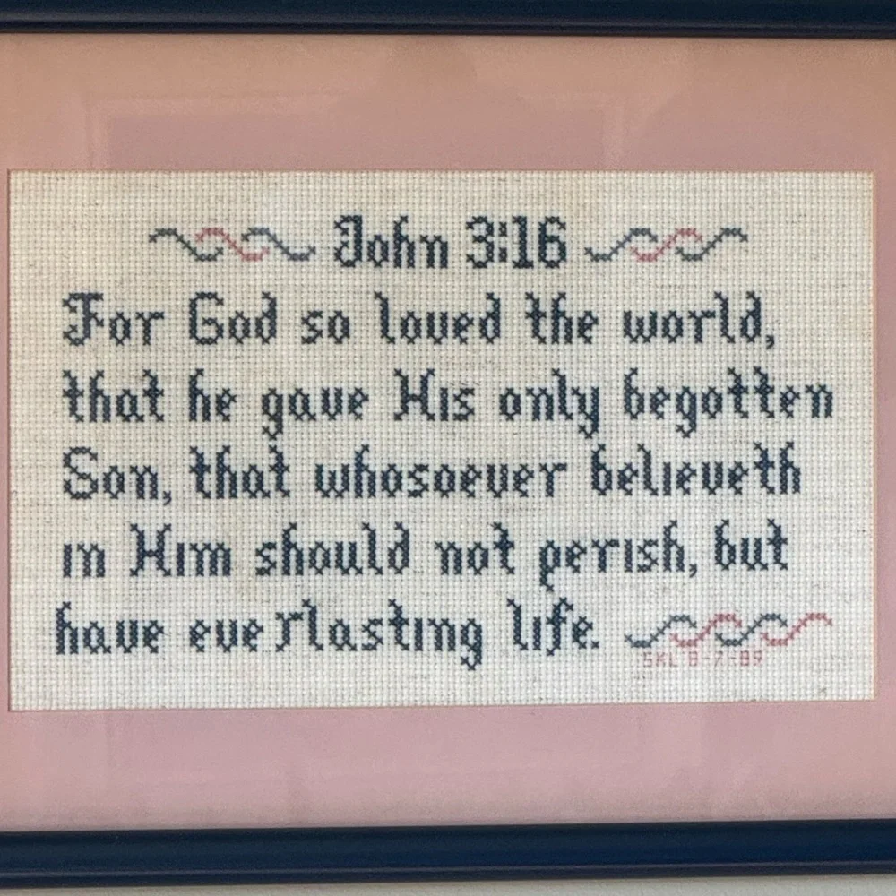 VINTAGE 1989~BLUE~WOOD~
FRAMED~CROSS STITCH~JOHN 3:16~ECRU BACKGROUND~NICE~BR - Picture 2 of 7